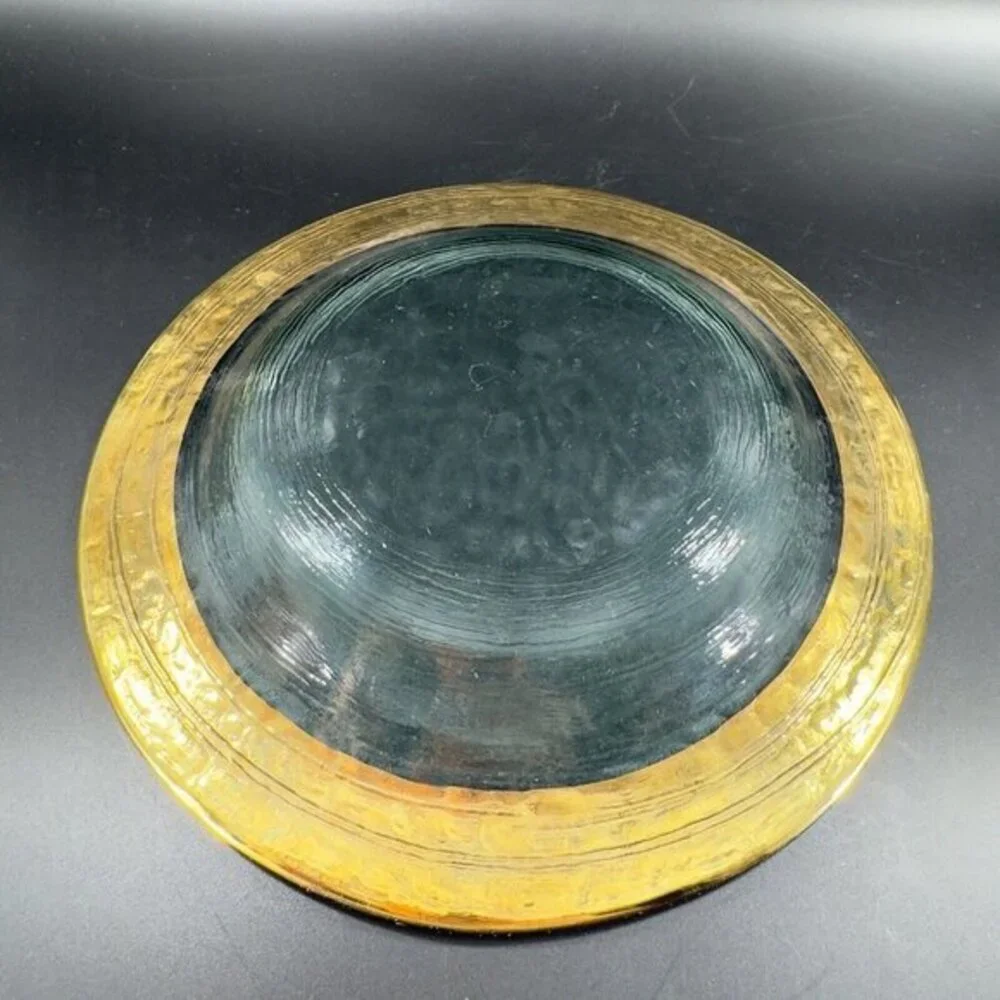 Vintage Italian Hand Made Fused Art Glass Plate Dish Transparent Green With Gold